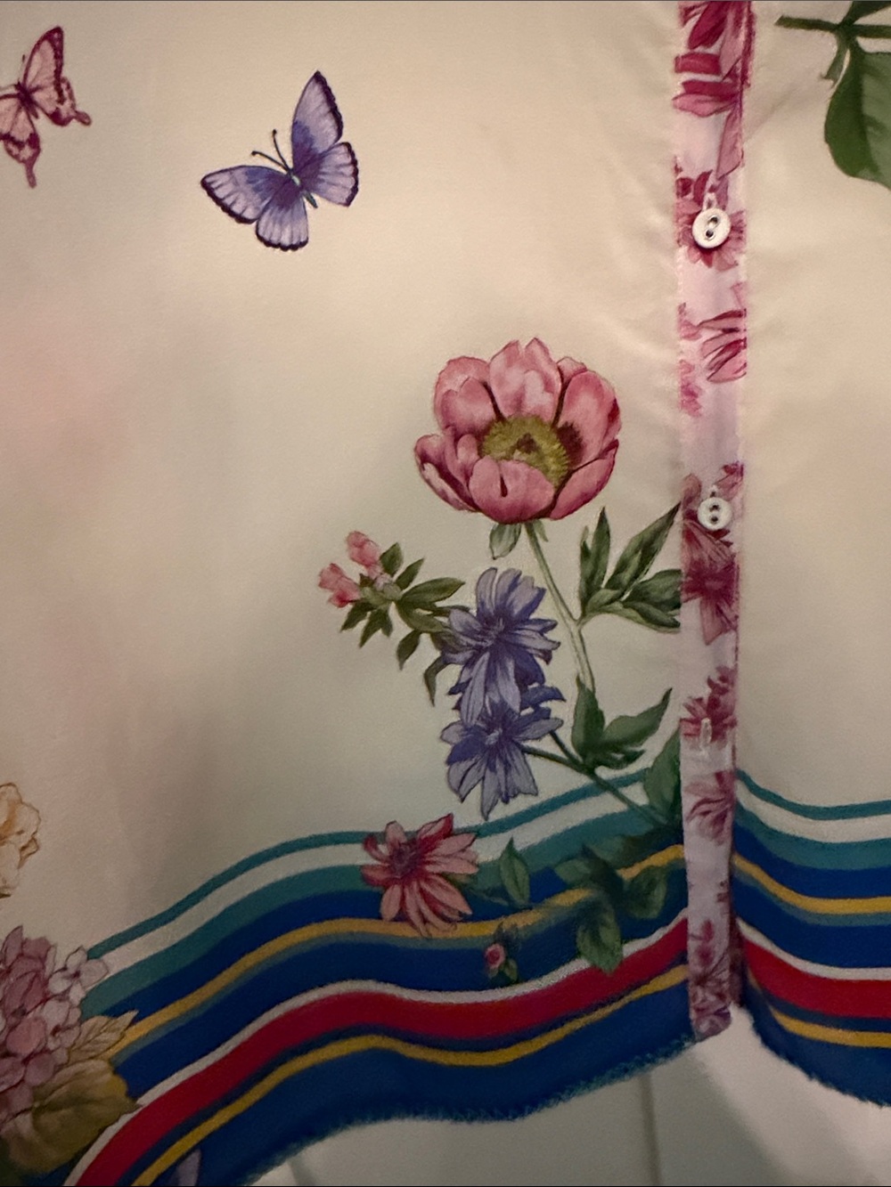 Johnny Was 100% Silk Floral and Butterfly Button-Up Blouse with Blue Stripe Hem - Picture 7 of 8